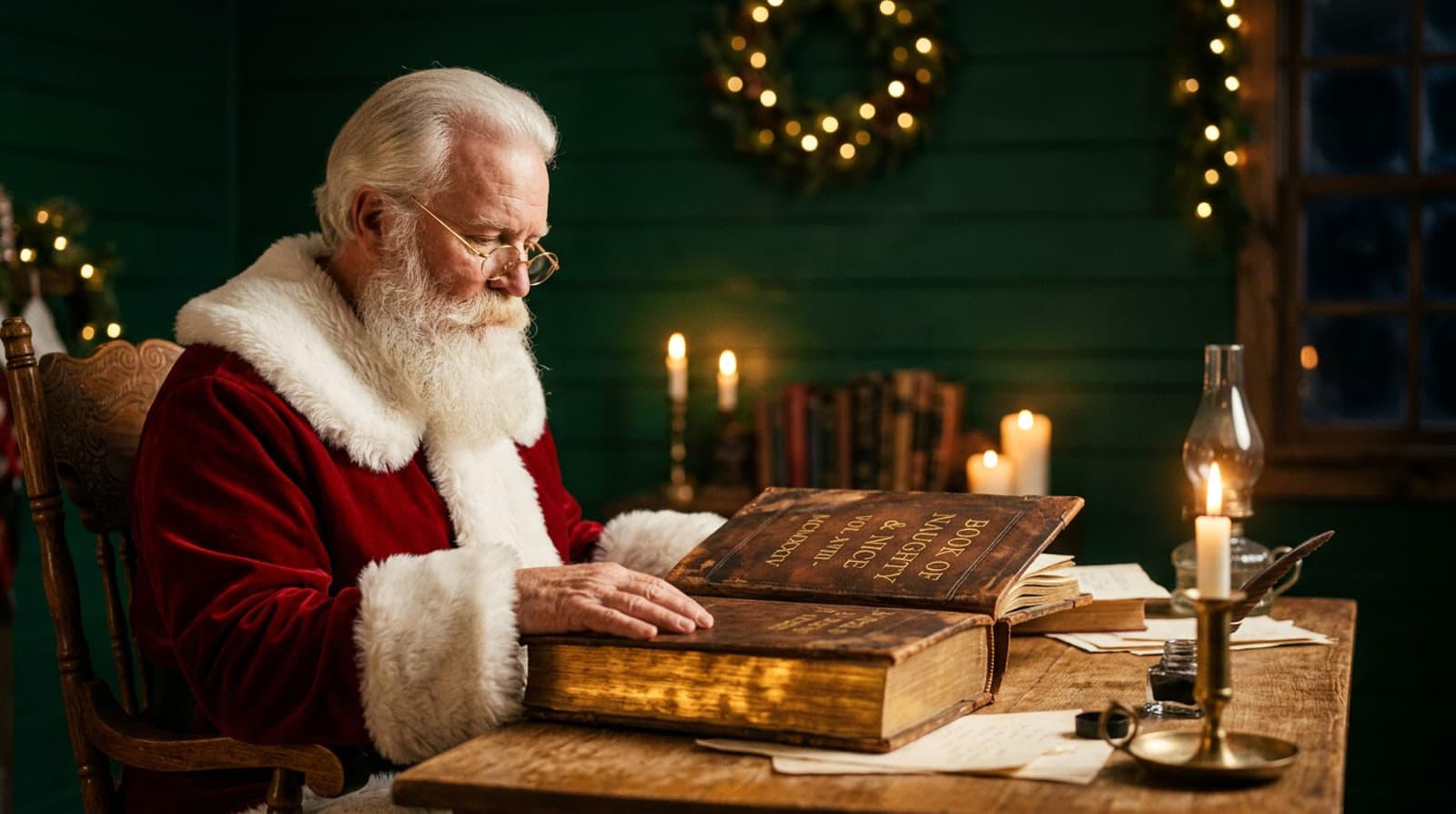 Santa reading his great book of names by candlelight