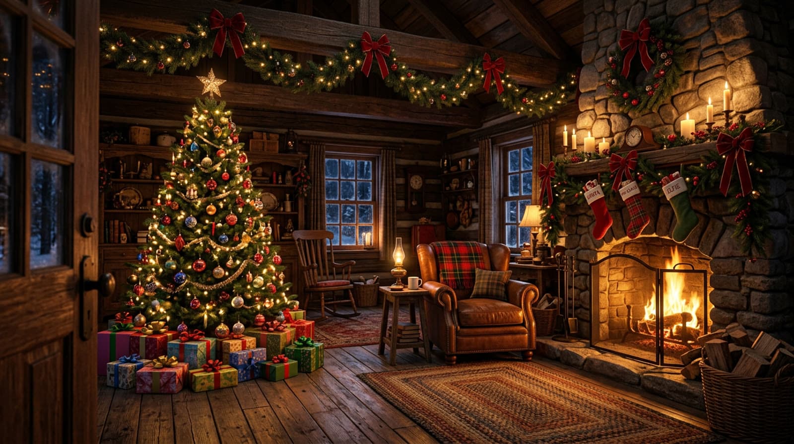 A cosy fireside living room with a decorated Christmas tree