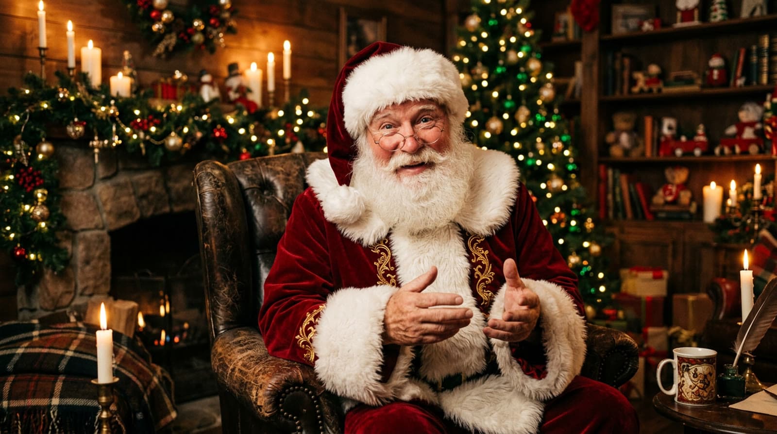 Santa in his armchair by the fire, speaking warmly to the camera