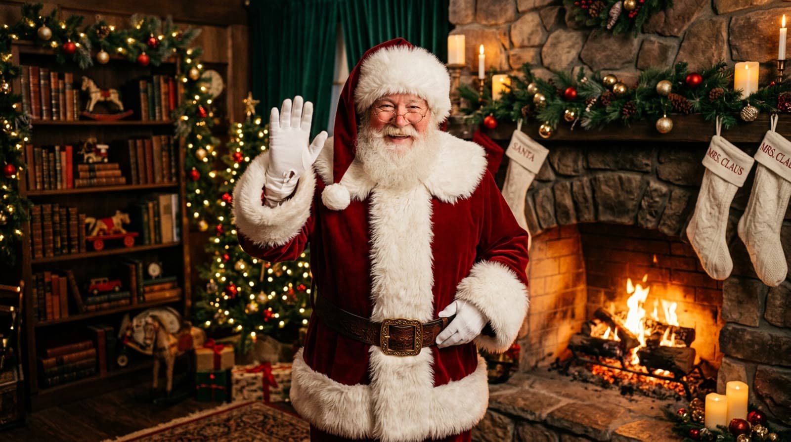 Santa waving hello beside his fireplace