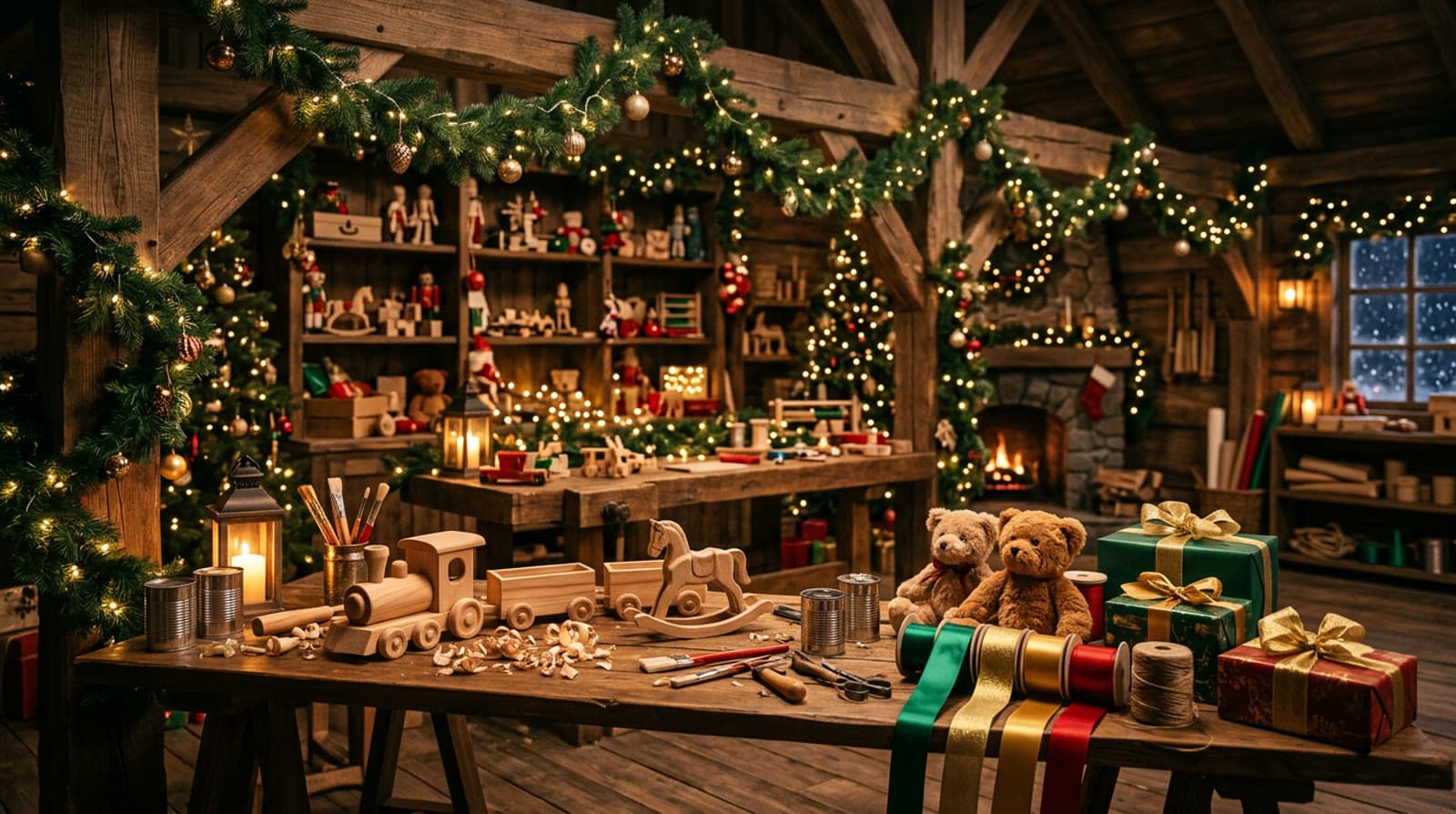 Santa's workshop bench with wooden toys, ribbons and wrapped gifts