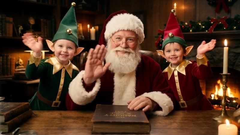 Santa and his elves waving goodbye
