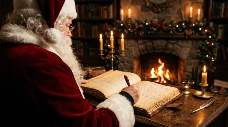 Santa writing in his book by candlelight
